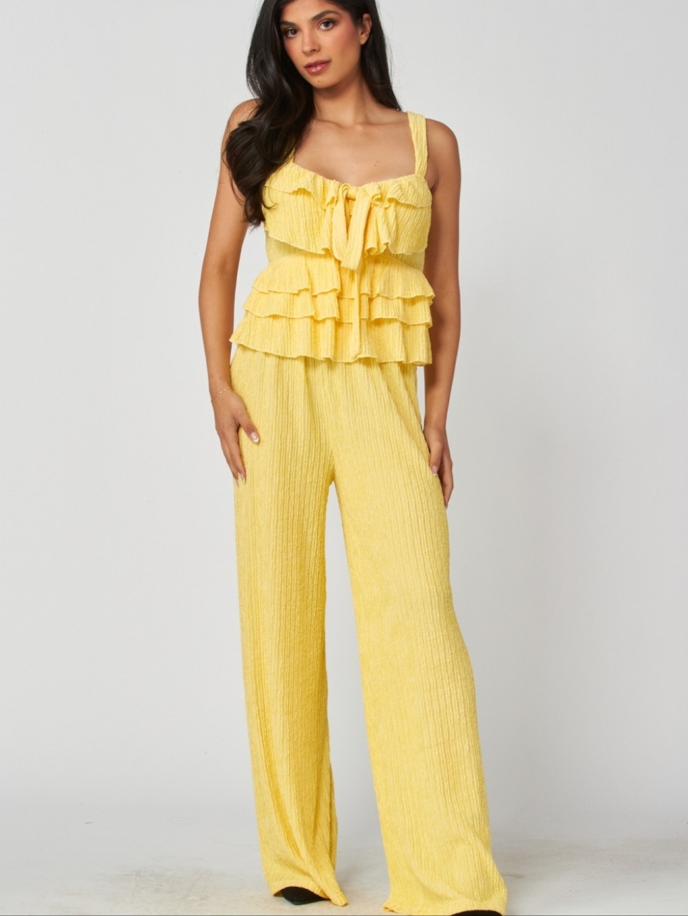 Yellow Crinkle Thin Strap Ruffle Pantsuit